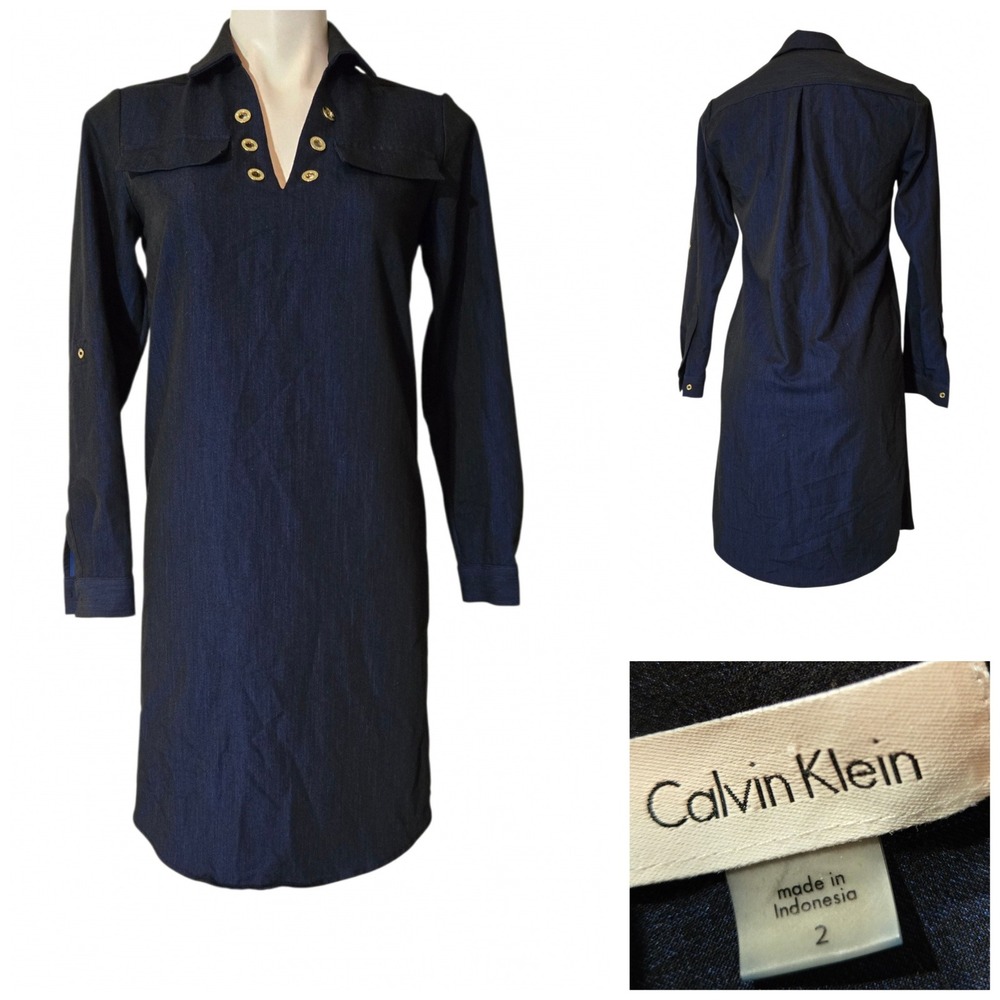 Calvin Klein Blue Denim Look Gold Grommet Shift Dress Long Sleeve Size 2